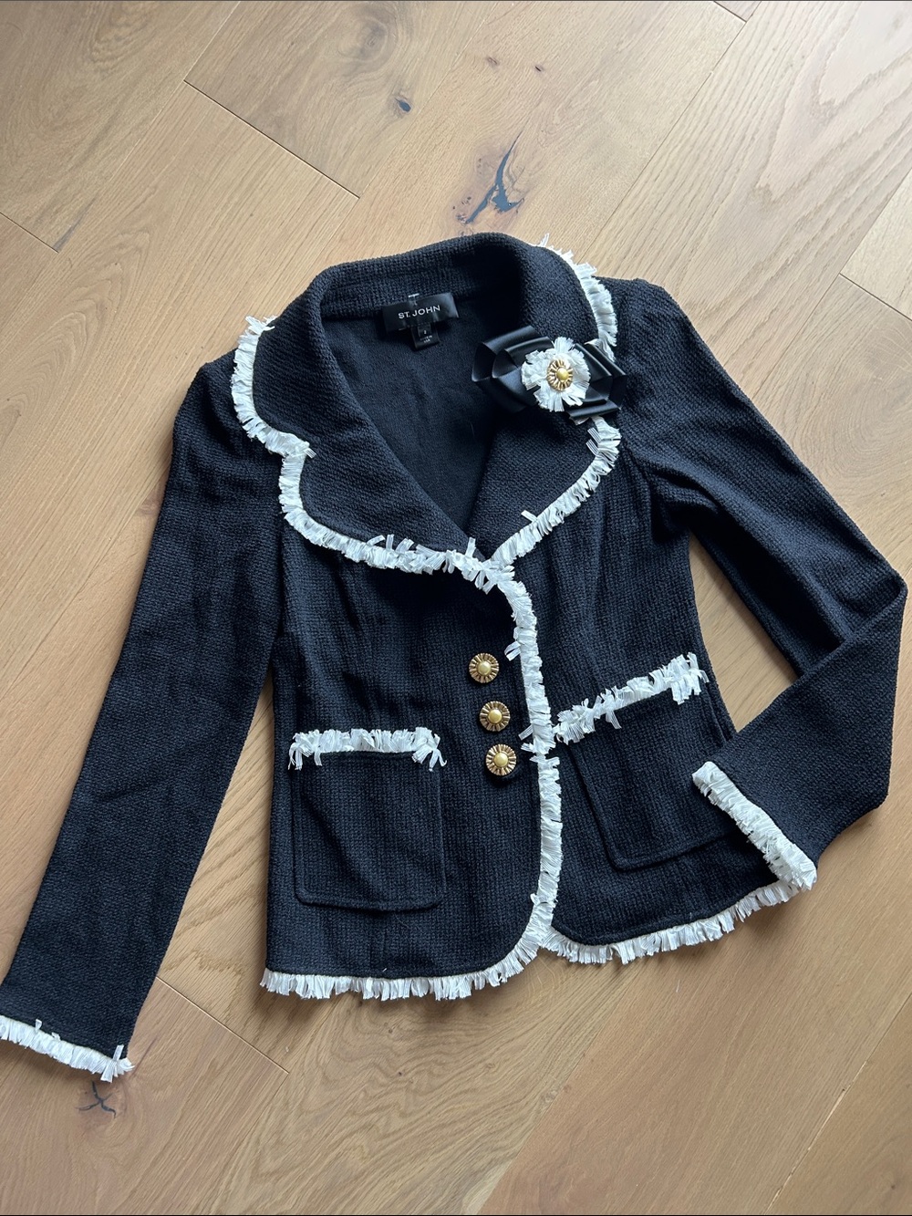St. John Black Knit Blazer with White Fringe and Gold Buttons